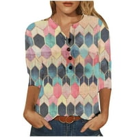 Honeeladyy отстъпка Хенли ризи за жени бутон надолу цветна графична печат блуза в ръкав ежедневни тънки върхове пролет Comfy Pullover