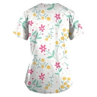 Дамски блузи Женски моден флорален принт Топ V-образно деколте с къс ръкав работно облекло с джобове от печатни върхове тениски бял xl