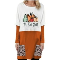 Женски есенни върхове модна жена кръгла врата с дълъг ръкав тениска печат на разхлабени блузи джобове върхове върхове