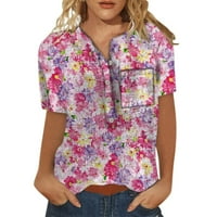 Блуза с къс ръкав Небрежни графични отпечатъци върхове Хенли лято за жени розово s